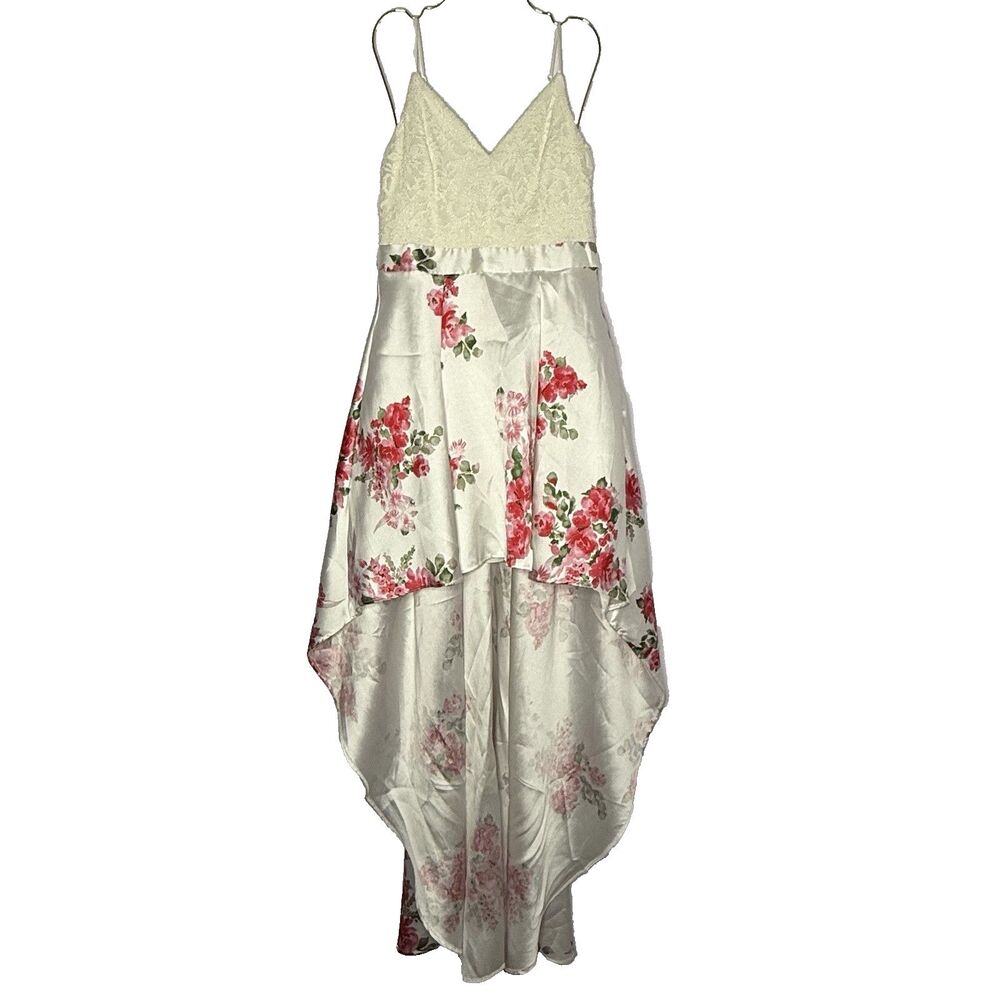 Windsor Juniors Cream and Floral Lace and Satin High Low Prom Party Dress  11/12